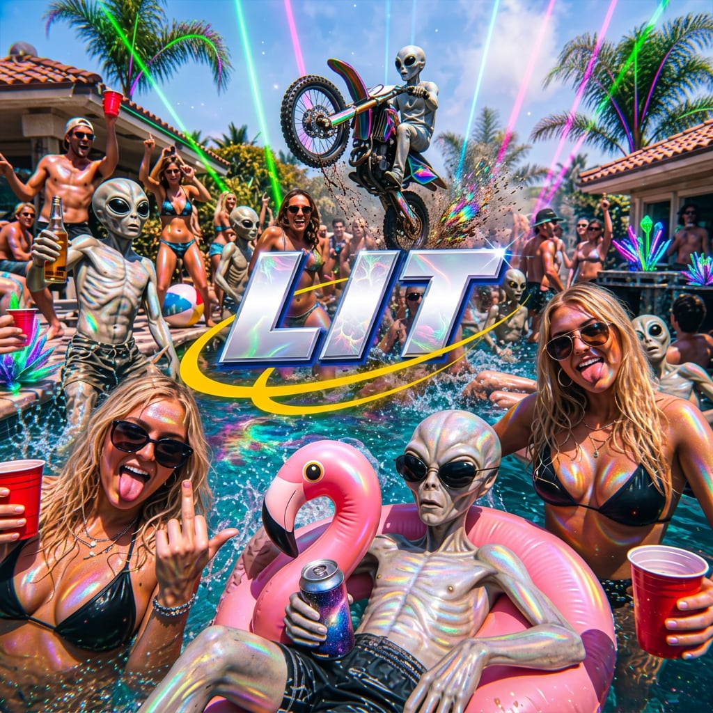 a chrome alien clears the pool on a motocross jump while a full pool party goes off around him, lasers cutting the sky